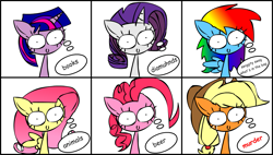 Size: 1497x848 | Tagged: safe, artist:mushroomcookiebear, derpibooru import, applejack, fluttershy, pinkie pie, rainbow dash, rarity, twilight sparkle, earth pony, pegasus, pony, unicorn, c:, ed edd n eddy, mane six, murder, over your ed, shrunken pupils, smiling, thought bubble