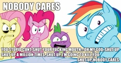 Size: 960x501 | Tagged: safe, artist:hotdiggedydemon, derpibooru import, fluttershy, pinkie pie, rainbow dash, spike, dragon, earth pony, pegasus, pony, .mov, hospital, nobody cares, reaction image, swag.mov, vulgar