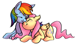 Size: 1280x736 | Tagged: safe, artist:sweetlnks, artist:thecourageofhobbits, derpibooru import, fluttershy, rainbow dash, pegasus, pony, blushing, cute, dashabetes, eyes closed, female, flutterdash, lesbian, nuzzling, prone, shipping, shyabetes, simple background, snuggling, transparent background