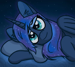 Size: 2000x1800 | Tagged: safe, artist:magic horse, princess luna, alicorn, digital art, female, lidded eyes, looking at you, lying down, mare, meta, night, princess, smiling at you, solo, stars, twitter