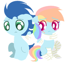 Size: 400x431 | Tagged: safe, artist:princess-big-mac, rainbow dash, soarin', pegasus, pony, rainbow falls, bandage, feignbow dash, female, injured, lineless, male, shipping, soarindash, straight