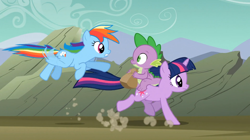 Size: 1054x592 | Tagged: safe, screencap, rainbow dash, spike, twilight sparkle, dragon, pegasus, pony, a dog and pony show, dragons riding ponies, paper bag, riding