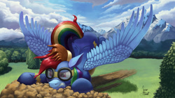 Size: 1920x1080 | Tagged: safe, artist:zevironmoniroth, derpibooru import, rainbow dash, pegasus, pony, newbie dash, clothes, crash landing, goggles, gritted teeth, mountain, rainbow crash, solo, spread wings, wonderbolts uniform