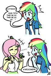 Size: 603x898 | Tagged: safe, artist:acesrockz, derpibooru import, fluttershy, rainbow dash, bird, equestria girls, bait and switch, chickadee (bird), clothes, comic, eyes closed, gasp, open mouth, pun, puns in the comments, skirt, speech bubble, tanktop, visual pun