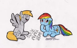 Size: 900x557 | Tagged: safe, artist:skywalkergirl666, derpy hooves, rainbow dash, pegasus, pony, female, mare, tic tac toe, traditional art