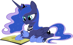 Size: 3392x2127 | Tagged: safe, artist:noctistwilight, princess luna, alicorn, pony, bandana, book, cute, female, high res, hoof shoes, lunabetes, mare, prone, reading, simple background, solo, transparent background