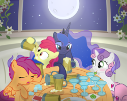 Size: 3125x2500 | Tagged: source needed, safe, artist:bean, apple bloom, princess luna, scootaloo, sweetie belle, alicorn, earth pony, pegasus, pony, unicorn, alcohol, blushing, cover art, cutie mark crusaders, drunk, drunk luna, drunkaloo, drunker belle, drunker bloom, female, filly, fimfiction, flower, full moon, mare, moon, stars, table, underaged drinking, window