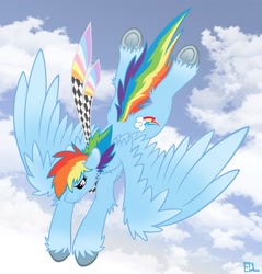 Size: 1222x1280 | Tagged: safe, artist:inkbleederwolf, derpibooru import, rainbow dash, pegasus, pony, clothes, cloud, dive bomb, flying, rainbow jennifer dash, scarf, sky, solo, unshorn fetlocks