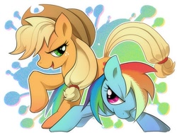 Size: 720x540 | Tagged: safe, artist:kintamax, derpibooru import, applejack, rainbow dash, earth pony, pegasus, pony, pixiv