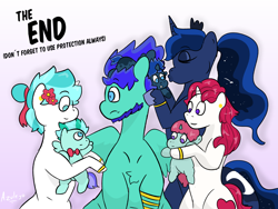 Size: 1600x1200 | Tagged: safe, artist:azulejo, princess luna, oc, oc:azelfu, oc:azucena, oc:dusky film, oc:prince lirio, oc:red fruit, oc:sweet film, alicorn, pegasus, pony, unicorn, baby, baby pony, bad end, canon x oc, children, foal, funny end, kiss on the cheek, kissing, married, polygamy, reality ensues, shipping, text