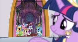 Size: 1599x867 | Tagged: safe, derpibooru import, screencap, applejack, fluttershy, pinkie pie, rainbow dash, rarity, twilight sparkle, twilight sparkle (alicorn), alicorn, earth pony, pegasus, pony, unicorn, magical mystery cure, big crown thingy, hub logo, youtube caption, youtube link