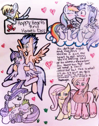 Size: 1024x1313 | Tagged: safe, artist:soarindash4ever, big macintosh, derpy hooves, flash sentry, fluttershy, rainbow dash, rarity, soarin', spike, twilight sparkle, twilight sparkle (alicorn), alicorn, dragon, pegasus, pony, unicorn, blushing, carrying, cloud, cuddling, eyes closed, female, flashlight, floppy ears, fluttermac, flying, heart, hearts and hooves day, kissing, male, mare, nervous, open mouth, poem, prone, scrunchy face, shipping, shy, sleeping, smiling, snuggling, soarindash, sparity, spread legs, spread wings, straight, surprise kiss, surprised, traditional art