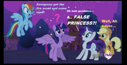 Size: 1618x838 | Tagged: safe, derpibooru import, edit, edited screencap, screencap, applejack, rainbow dash, rarity, twilight sparkle, twilight sparkle (alicorn), alicorn, earth pony, pegasus, pony, unicorn, caption, false, female, mare, question mark