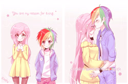 Size: 3366x2205 | Tagged: safe, artist:odaefnyo, derpibooru import, fluttershy, rainbow dash, human, clothes, cute, eyes closed, female, flutterdash, hair over one eye, hands in pockets, humanized, lesbian, looking at you, shipping, sweater, sweater dress, sweatershy, time skip, younger