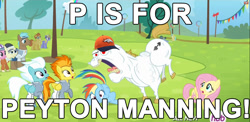 Size: 1366x668 | Tagged: safe, bulk biceps, fluttershy, rainbow dash, soarin', spitfire, pegasus, pony, equestria games (episode), rainbow falls, denver broncos, forehead, meme, omaha, p is for, peyton manning, roid rage, super bowl, wonderbolts