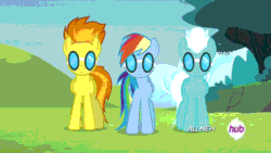 Size: 576x324 | Tagged: safe, fleetfoot, rainbow dash, spitfire, pegasus, pony, rainbow falls, animated, background pony, female, goggles, headset, how, hub logo, hubble, male, mare, measuring tape, peachy swoop, stallion, the hub