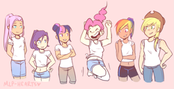 Size: 1473x761 | Tagged: safe, artist:mlp-hearts, derpibooru import, applejack, fluttershy, pinkie pie, rainbow dash, rarity, twilight sparkle, human, belly button, breasts, delicious flat chest, flattershy, humanized, mane six, midriff, white shirt