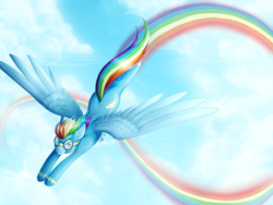 Size: 1600x1200 | Tagged: safe, artist:ryuza, derpibooru import, rainbow dash, pegasus, pony, clothes, flying, goggles, grin, rainbow trail, smiling, solo, wonderbolts uniform