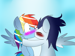 Size: 1024x768 | Tagged: safe, artist:mylittlepony651, rainbow dash, soarin', pegasus, pony, blushing, female, kissing, male, shipping, soarindash, straight