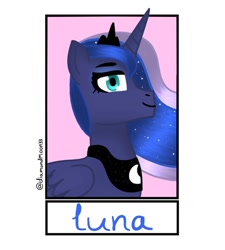 Size: 1080x1198 | Tagged: safe, artist:diamondmoon33, princess luna, alicorn, pony, ethereal mane, female, jewelry, mare, peytral, signature, six fanarts, smiling, starry mane, tiara