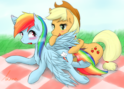 Size: 1400x1000 | Tagged: safe, artist:kanaowo, derpibooru import, applejack, rainbow dash, earth pony, pegasus, pony, applebutt, appledash, blushing, female, lesbian, shipping