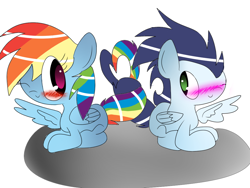 Size: 1024x768 | Tagged: safe, artist:mylittlepony651, rainbow dash, soarin', pegasus, pony, blushing, female, male, shipping, soarindash, straight