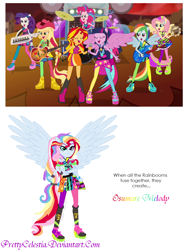 Size: 970x1280 | Tagged: safe, artist:prettycelestia, derpibooru import, screencap, applejack, fluttershy, pinkie pie, rainbow dash, rarity, sunset shimmer, twilight sparkle, twilight sparkle (alicorn), alicorn, equestria girls, rainbow rocks, appleflaritwidashpie, fusion, gem fusion, humane seven, humane six, mane six, multiple arms, ponied up, steven universe, the rainbooms, what has magic done