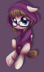 Size: 961x1572 | Tagged: safe, artist:darkstylerz, zippoorwhill, pegasus, pony, blushing, clothes, cute, female, filly, frog (hoof), glasses, hoodie, hoofbutt, hooves, looking at you, simple background, solo, solo female, underhoof, zippoorbetes