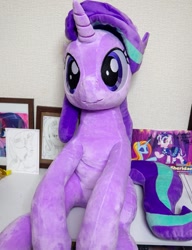 Size: 921x1200 | Tagged: safe, artist:nekokevin, sassy saddles, starlight glimmer, twilight sparkle, pony, unicorn, series:nekokevin's glimmy, female, irl, looking at you, mare, photo, plushie, sitting, smiling, solo, table