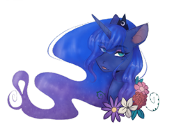 Size: 580x430 | Tagged: safe, artist:brendalobinha, princess luna, alicorn, pony, bust, crown, female, flower, jewelry, looking at you, mare, regalia, simple background, solo, transparent background, wavy mane