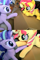Size: 1024x1531 | Tagged: safe, artist:nekokevin, starlight glimmer, sunset shimmer, pony, unicorn, series:nekokevin's glimmy, boop, box, cute, duo, female, glimmerbetes, irl, looking at each other, lying down, mare, photo, plushie, raised hoof, shimmerbetes, sitting, smiling, underhoof