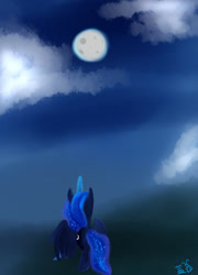 Size: 768x1064 | Tagged: safe, artist:inaba_hitomi, princess luna, alicorn, pony, cloud, female, glowing horn, horn, mare, moon, night, rear view, solo