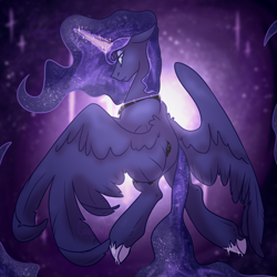 Size: 3150x3150 | Tagged: safe, artist:caesarproduction, princess luna, alicorn, pony, female, flying, glowing horn, horn, looking at you, looking back, looking back at you, mare, spread wings, wings