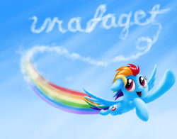 Size: 4200x3300 | Tagged: source needed, safe, artist:verulence, rainbow dash, pegasus, pony, awesome face, flying, slur, solo, ur a faget, vulgar, writing