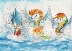 Size: 2312x1628 | Tagged: safe, artist:souleatersaku90, lightning dust, rainbow dash, pegasus, pony, commission, crossover, flying, lake, running, sonic the hedgehog, sonic the hedgehog (series), the simple life, traditional art, water, watercolor painting