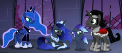 Size: 1065x470 | Tagged: safe, artist:paolahedgehog, king sombra, princess luna, oc, oc:midnight luna, alicorn, pony, unicorn, castle of the royal pony sisters, family, lumbra, offspring, parent:king sombra, parent:princess luna, parents:lumbra, reformed sombra, shipping, straight