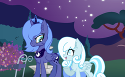 Size: 1400x864 | Tagged: safe, artist:snowmoon333, princess luna, oc, oc:snowdrop, alicorn, pegasus, pony, flower, heart eyes, night, s1 luna, stars, tree, wingding eyes