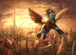 Size: 5389x3869 | Tagged: safe, artist:audrarius, derpibooru import, rainbow dash, pegasus, pony, absurd resolution, artificial wings, augmented, city, clothes, female, flying, goggles, mare, mechanical wing, open mouth, scenery, scenery porn, signature, solo, steampunk, wings