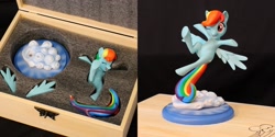 Size: 2400x1200 | Tagged: safe, artist:nekokevin, rainbow dash, pegasus, pony, box, craft, cute, dashabetes, female, irl, mare, one eye closed, open mouth, photo, raised hoof, sculpture, smiling, solo