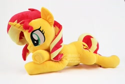 Size: 3000x2000 | Tagged: safe, artist:nekokevin, sunset shimmer, pony, unicorn, crossed hooves, cute, female, irl, lying down, mare, photo, plushie, prone, shimmerbetes, simple background, smiling, solo, underhoof, watermark, white background