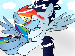 Size: 1024x768 | Tagged: safe, artist:mylittlepony651, rainbow dash, soarin', pegasus, pony, blushing, female, kissing, male, shipping, soarindash, straight