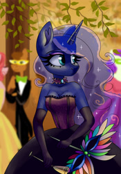 Size: 3500x5000 | Tagged: safe, artist:irinamar, princess luna, anthro, aquamarine eyes, bare shoulders, black gloves, blue coat, blue mane, bodice, breasts, champagne glass, choker, cleavage, clothes, commission, domino mask, dress, ethereal mane, evening gloves, eyeshadow, female, gloves, horn, long gloves, looking sideways, looking to side, looking to the right, masquerade (event), masquerade mask, nervous, purple bodice, purple choker, purple eyeshadow, solo focus, sparkly mane, standing, watermark, ych result