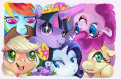 Size: 1024x669 | Tagged: safe, artist:catscratchpony, derpibooru import, applejack, fluttershy, pinkie pie, rainbow dash, rarity, spike, twilight sparkle, twilight sparkle (alicorn), alicorn, dragon, earth pony, pegasus, pony, unicorn, elements of harmony, female, mane seven, mane six, mare