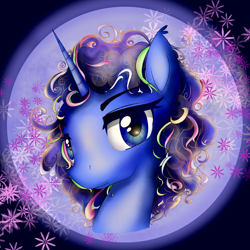 Size: 2048x2048 | Tagged: safe, alternate version, artist:eris azure, princess luna, alicorn, pony, 80s, alternate hairstyle, blue eyes, curly hair, curly mane, eyebrows, jewelry, simple background, solo