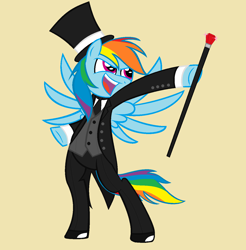 Size: 1301x1322 | Tagged: safe, artist:pixelpaintpony, rainbow dash, pegasus, pony, butler, cane, clothes, dapper, frock coat, hat, rainbow dash always dresses in style, solo, top hat, tuxedo