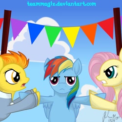 Size: 1024x1024 | Tagged: safe, artist:teammagix, fluttershy, rainbow dash, spitfire, pegasus, pony, rainbow falls, fight