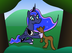 Size: 1024x758 | Tagged: safe, artist:platinumdrop, princess luna, alicorn, pony, weasel, female, mare, sitting, upset