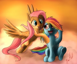 Size: 1200x1000 | Tagged: safe, artist:miokomata, fluttershy, rainbow dash, pegasus, pony, fangs, female, mare, wings