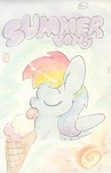 Size: 683x1070 | Tagged: safe, artist:slightlyshade, derpibooru import, rainbow dash, pegasus, pony, baseball, food, ice cream, ice cream cone, solo, summer, tongue out, traditional art