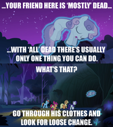 Size: 1280x1440 | Tagged: safe, derpibooru import, edit, edited screencap, screencap, apple bloom, applejack, rainbow dash, rarity, scootaloo, sweetie belle, earth pony, pegasus, pony, unicorn, sleepless in ponyville, comic, female, filly, image macro, magic, mare, screencap comic, telekinesis, the princess bride, we don't normally wear clothes